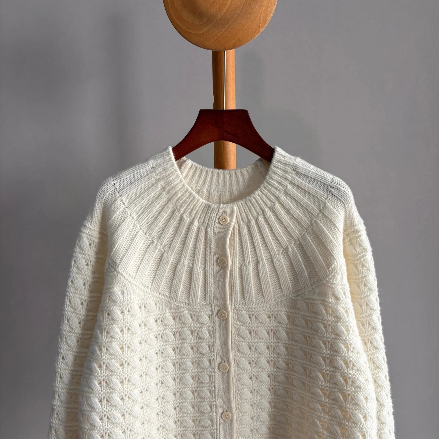 Women's Cashmere White Hollow Out Knit Cardigan Loose Fit Lantern Sleeve Casual Sweater