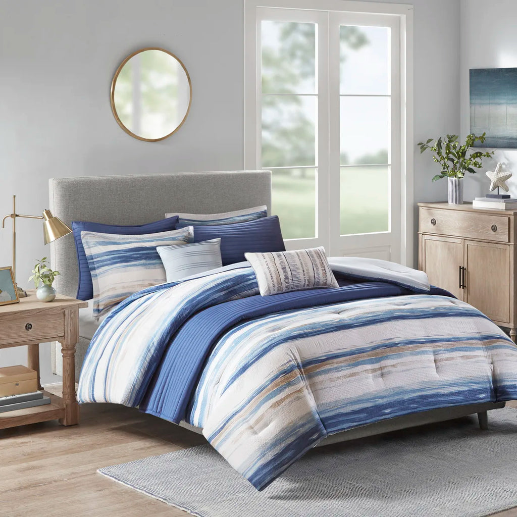 8 Piece Printed Seersucker Comforter and Quilt Set Collection Blue Full/Queen (Blue + Polyester + Full)"