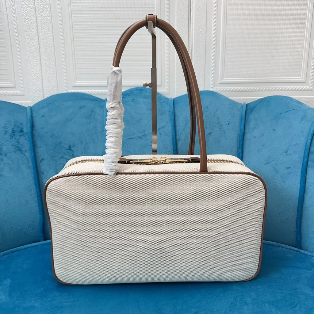 High-quality Rectangular Bags Women 2025 New Canvas Leather Briefcase Contrast Portable Bowling Handbag Large Capacity Handbag
