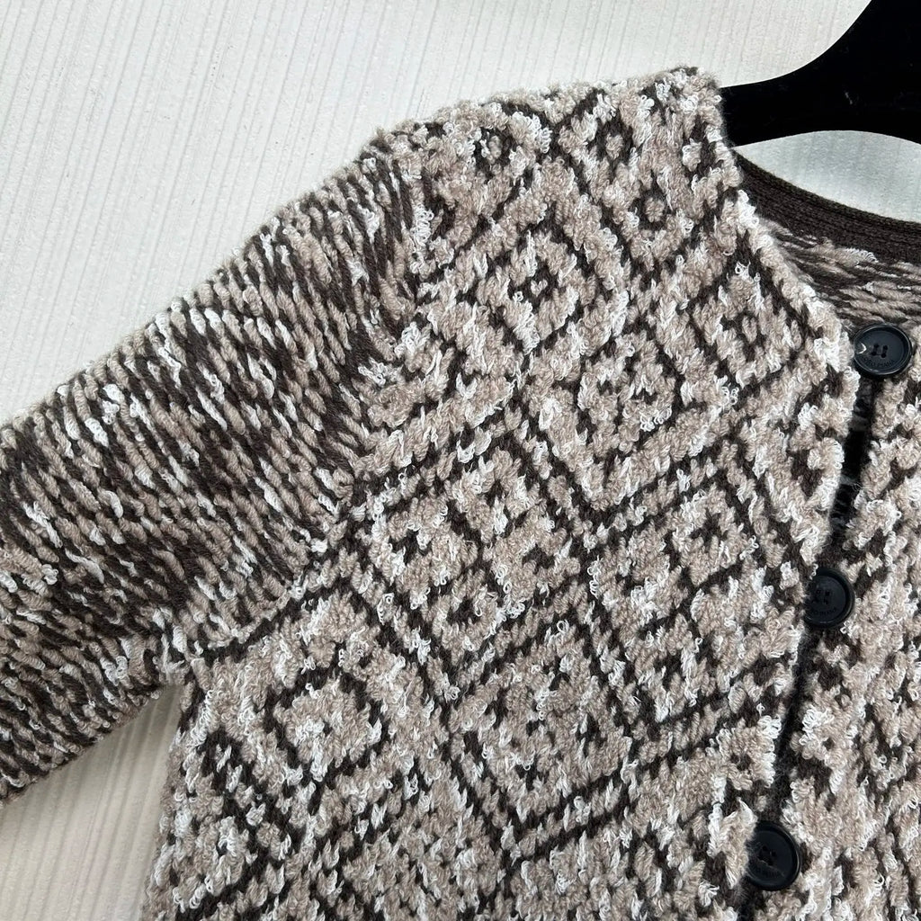 100% Cashmere Women's Luxury Marled Knit Cardigan Diamond Pattern Pocketed Loose Outerwear