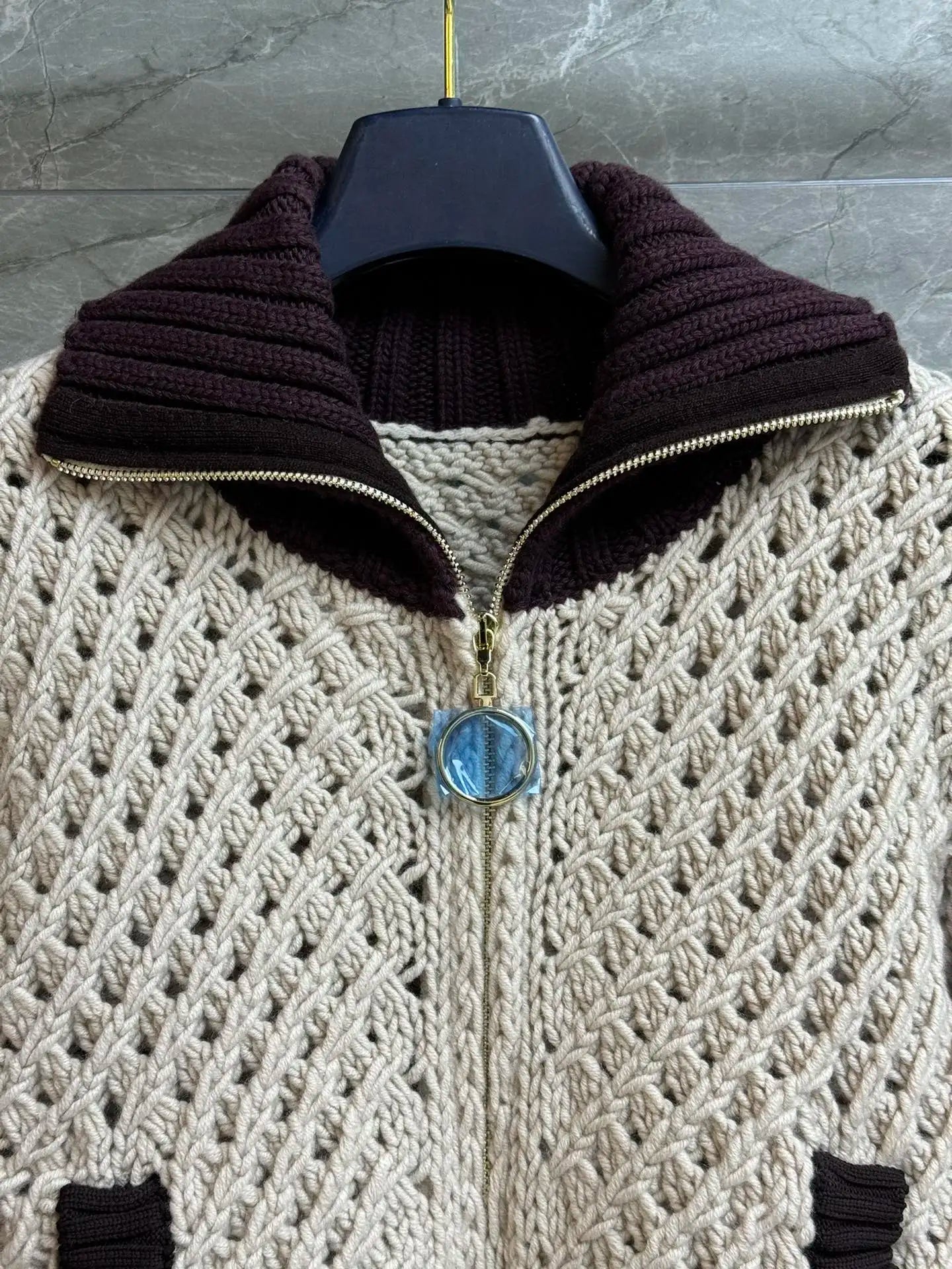 Wool Vintage Crochet Knit Cardigan for Women Zip Up Contrast Collar Cropped Long Sleeve Outerwear