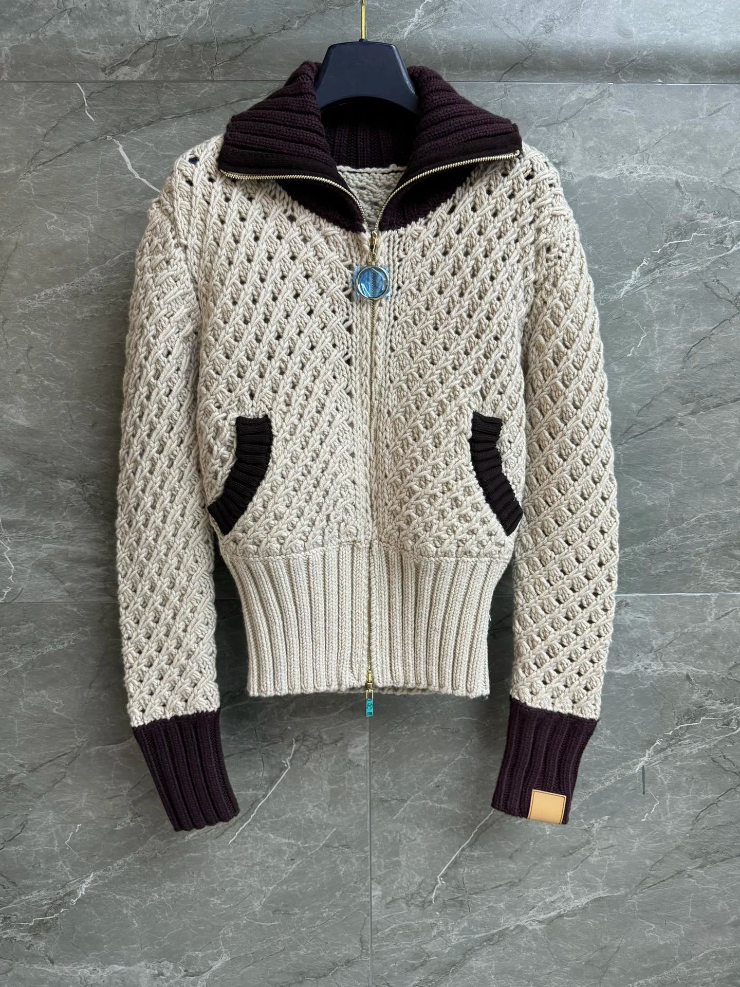 Wool Vintage Crochet Knit Cardigan for Women Zip Up Contrast Collar Cropped Long Sleeve Outerwear