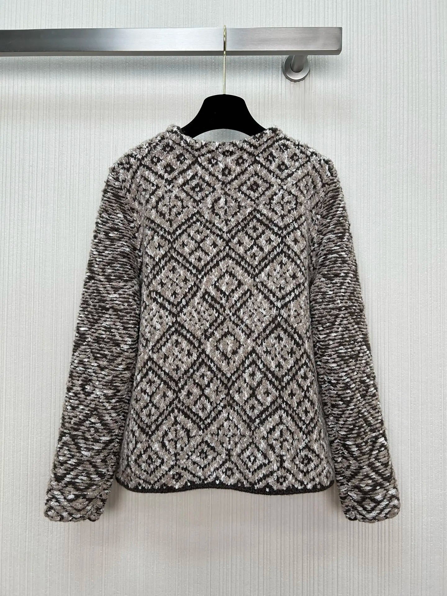 100% Cashmere Women's Luxury Marled Knit Cardigan Diamond Pattern Pocketed Loose Outerwear