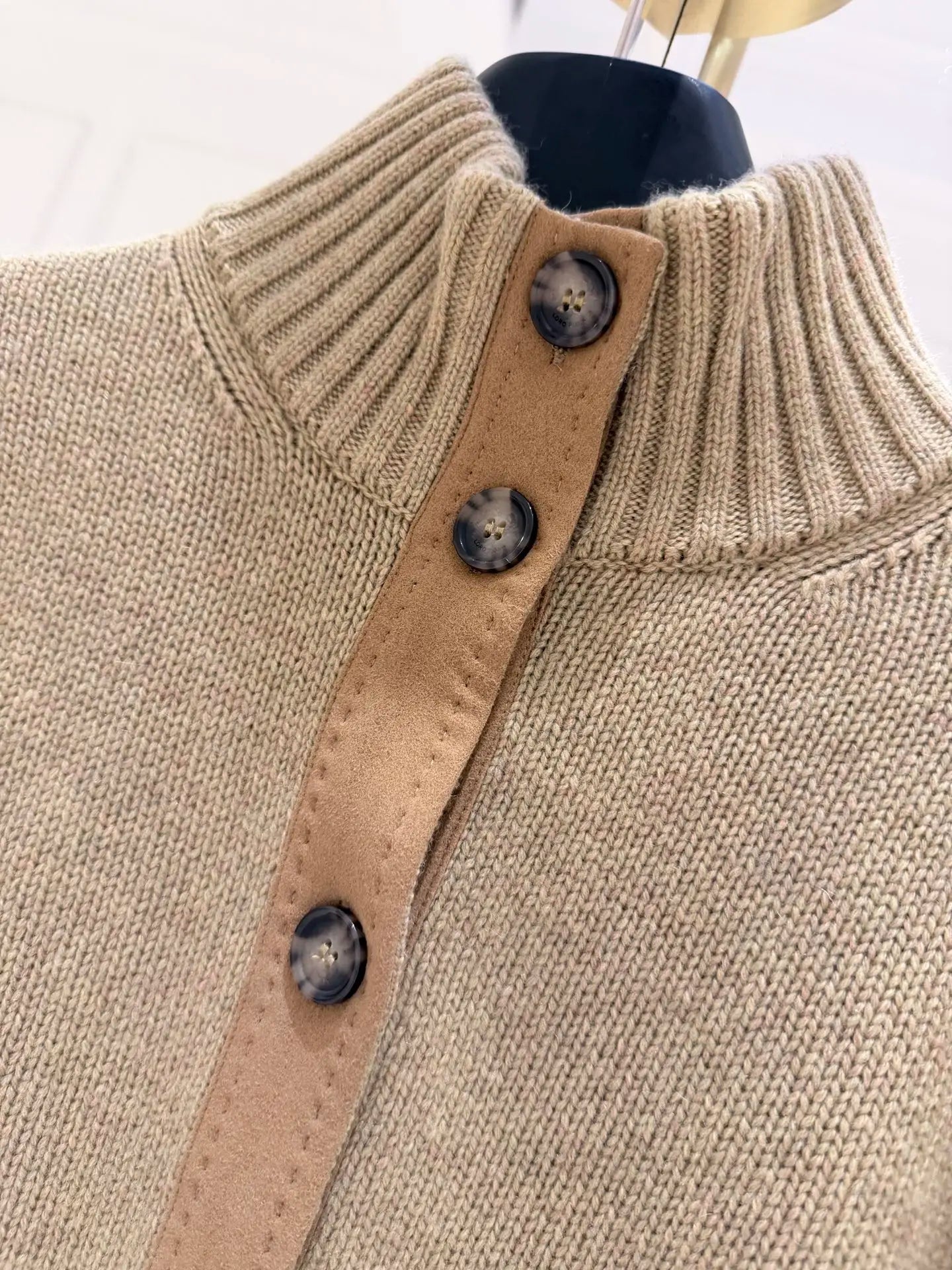100% Cashmere Vintage Khaki Knitted Cardigan Women Stand Collar Button Patch Pocket Short Sweater Coat
