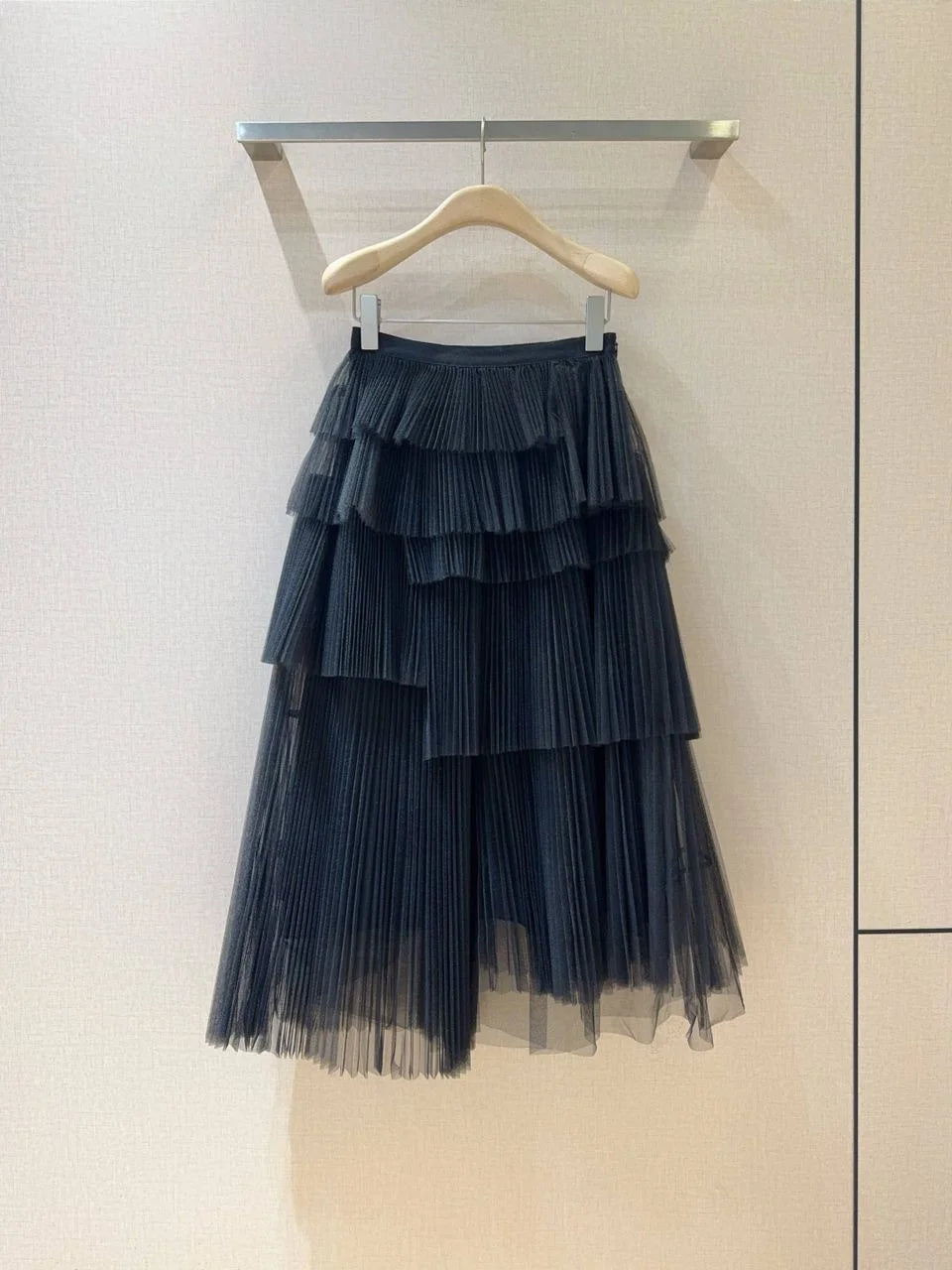 Custom silhouette multi-layered asymmetrical pleated tulle skirt
