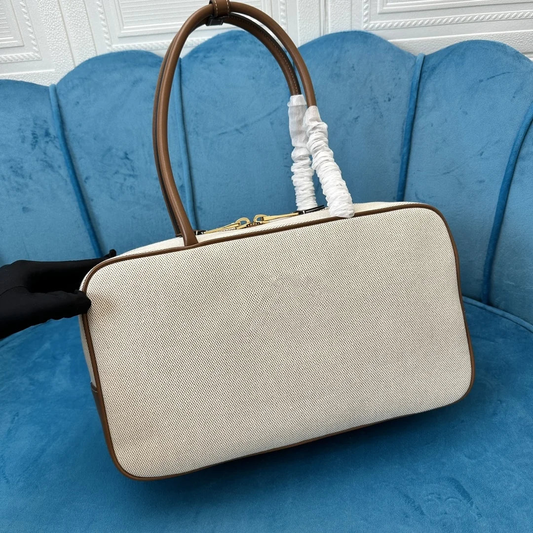 High-quality Rectangular Bags Women 2025 New Canvas Leather Briefcase Contrast Portable Bowling Handbag Large Capacity Handbag