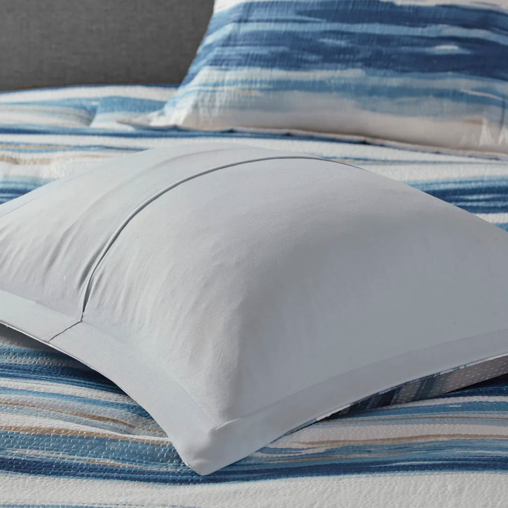 8 Piece Printed Seersucker Comforter and Quilt Set Collection Blue Full/Queen (Blue + Polyester + Full)"