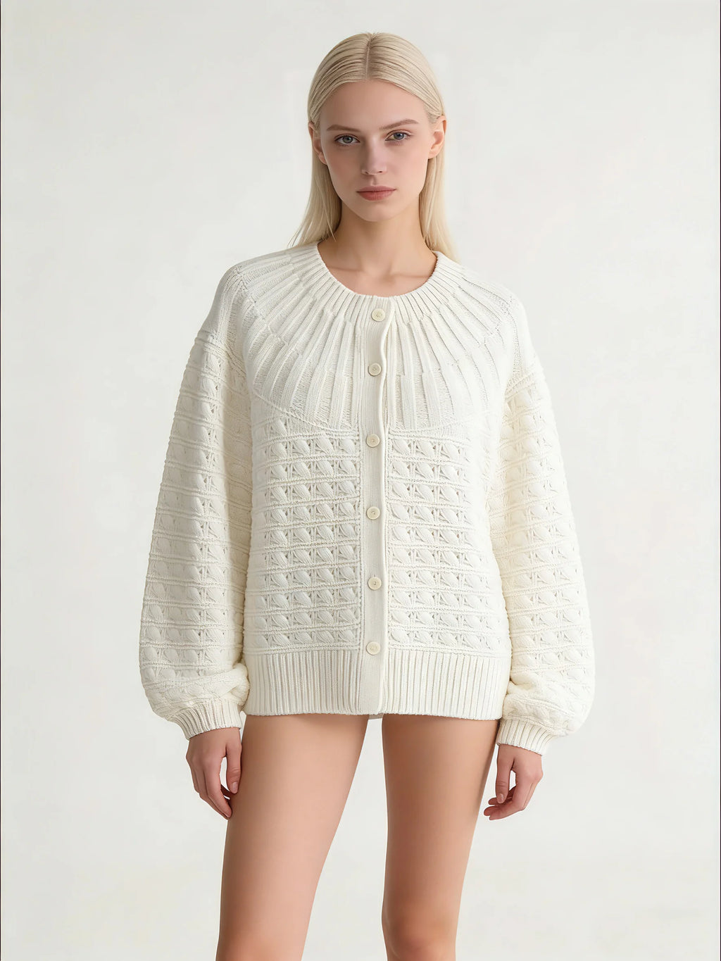 Women's Cashmere White Hollow Out Knit Cardigan Loose Fit Lantern Sleeve Casual Sweater