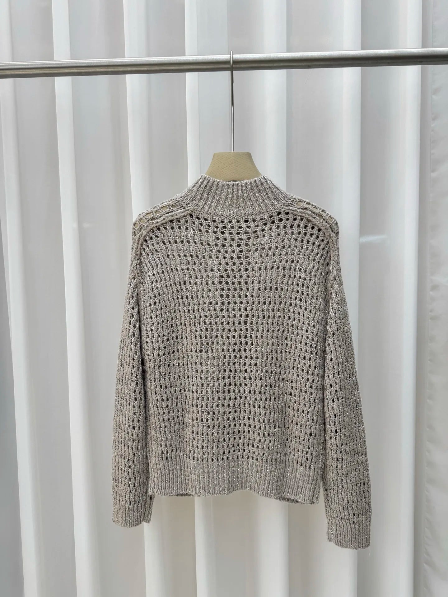 Women's Silk Linen Blend Grey Hollow Out Knit Cardigan Zip Up Mock Neck Long Sleeve Sweater