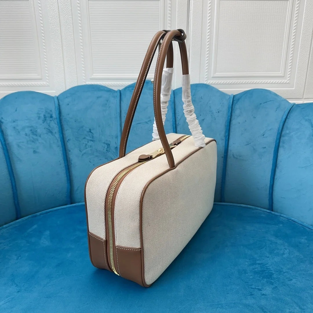 High-quality Rectangular Bags Women 2025 New Canvas Leather Briefcase Contrast Portable Bowling Handbag Large Capacity Handbag