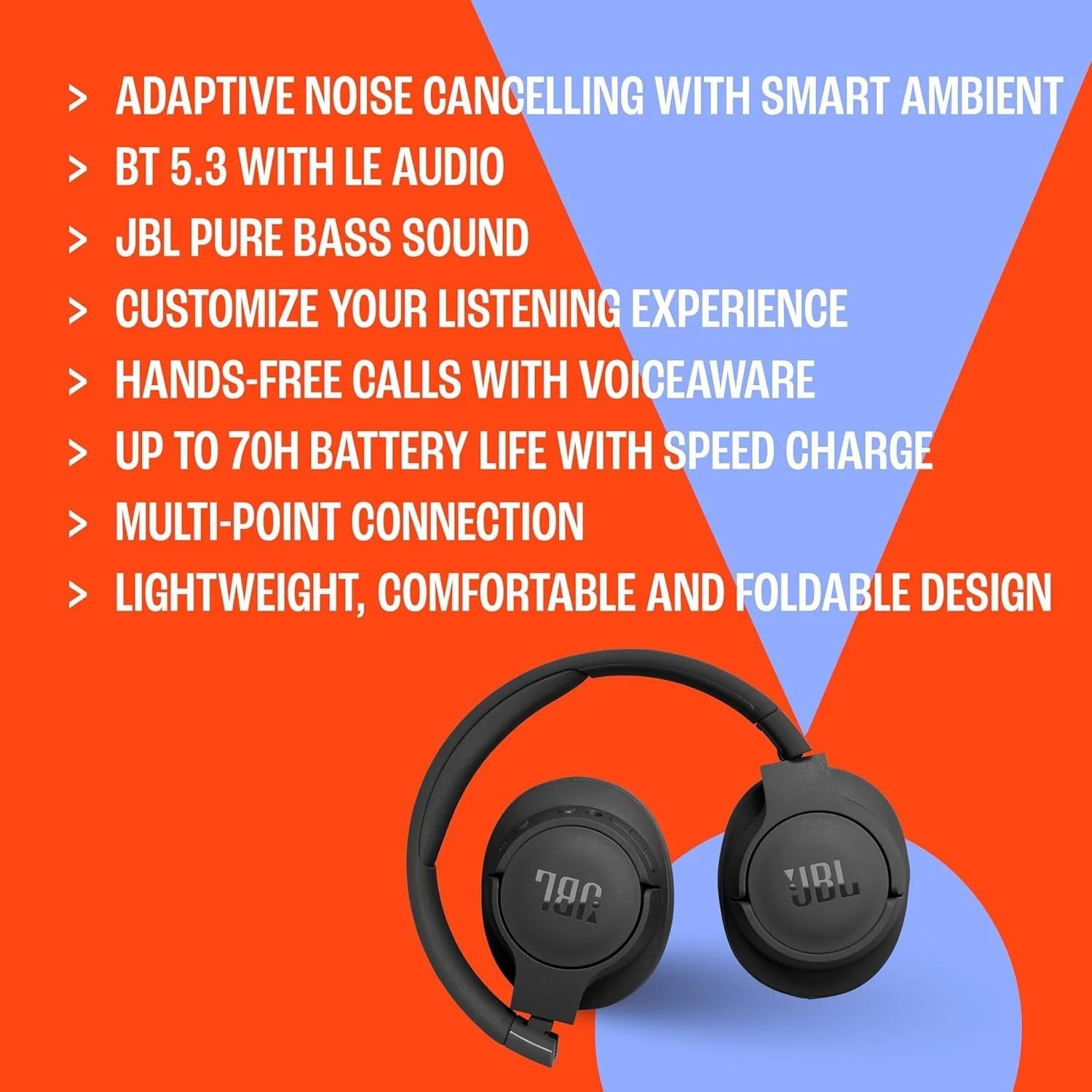 JBL Tune 770NC Wireless Over-Ear Headphones with Adaptive Noise Cancelling, Smart Ambient, Bluetooth 5.3, White