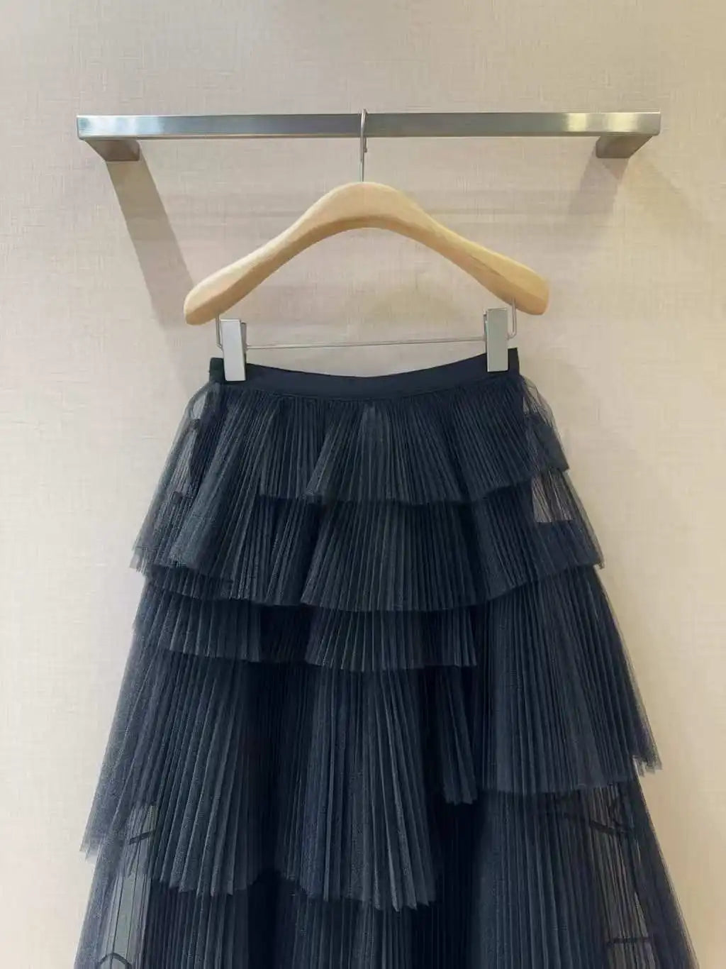 Custom silhouette multi-layered asymmetrical pleated tulle skirt
