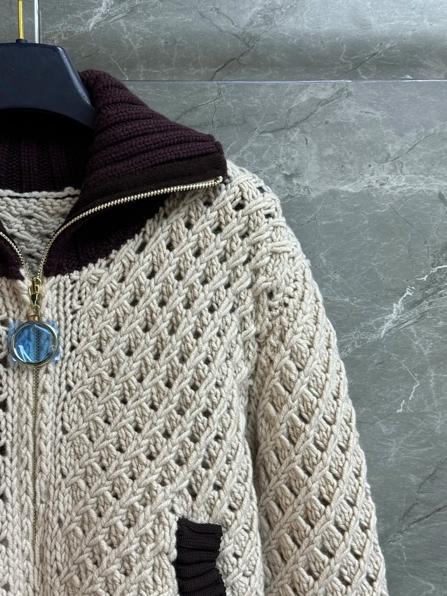 Wool Vintage Crochet Knit Cardigan for Women Zip Up Contrast Collar Cropped Long Sleeve Outerwear