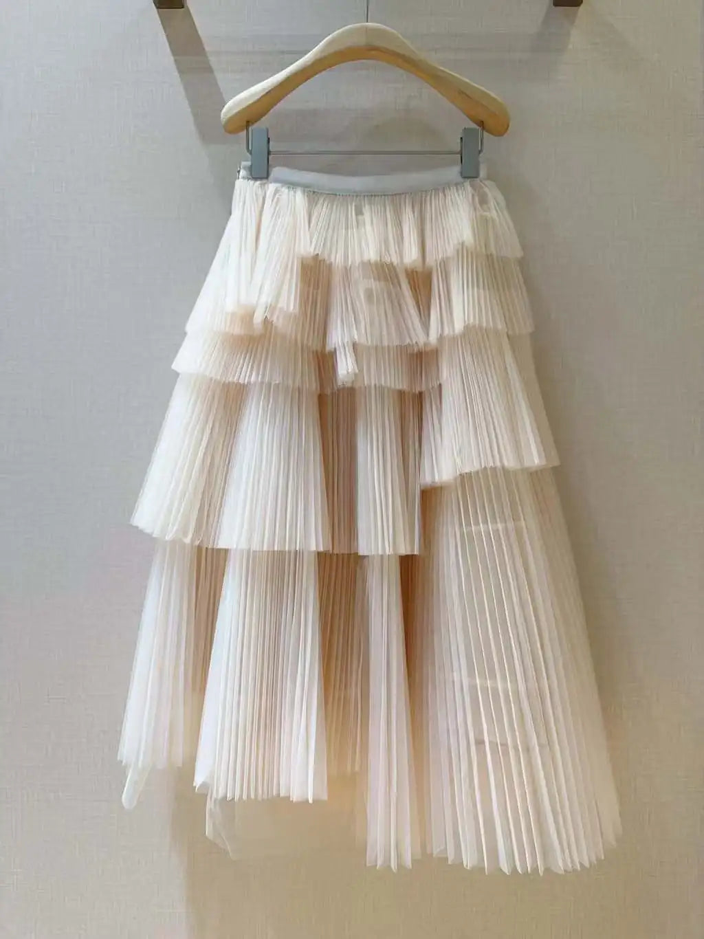 Custom silhouette multi-layered asymmetrical pleated tulle skirt