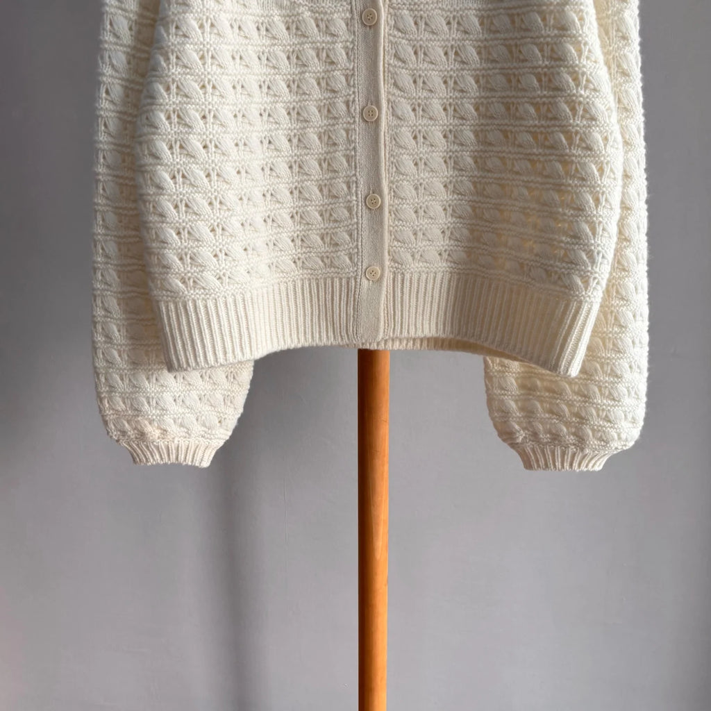 Women's Cashmere White Hollow Out Knit Cardigan Loose Fit Lantern Sleeve Casual Sweater