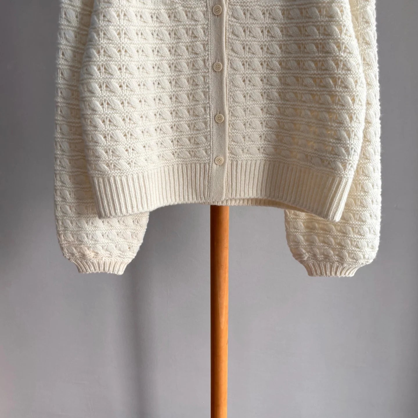 Women's Cashmere White Hollow Out Knit Cardigan Loose Fit Lantern Sleeve Casual Sweater
