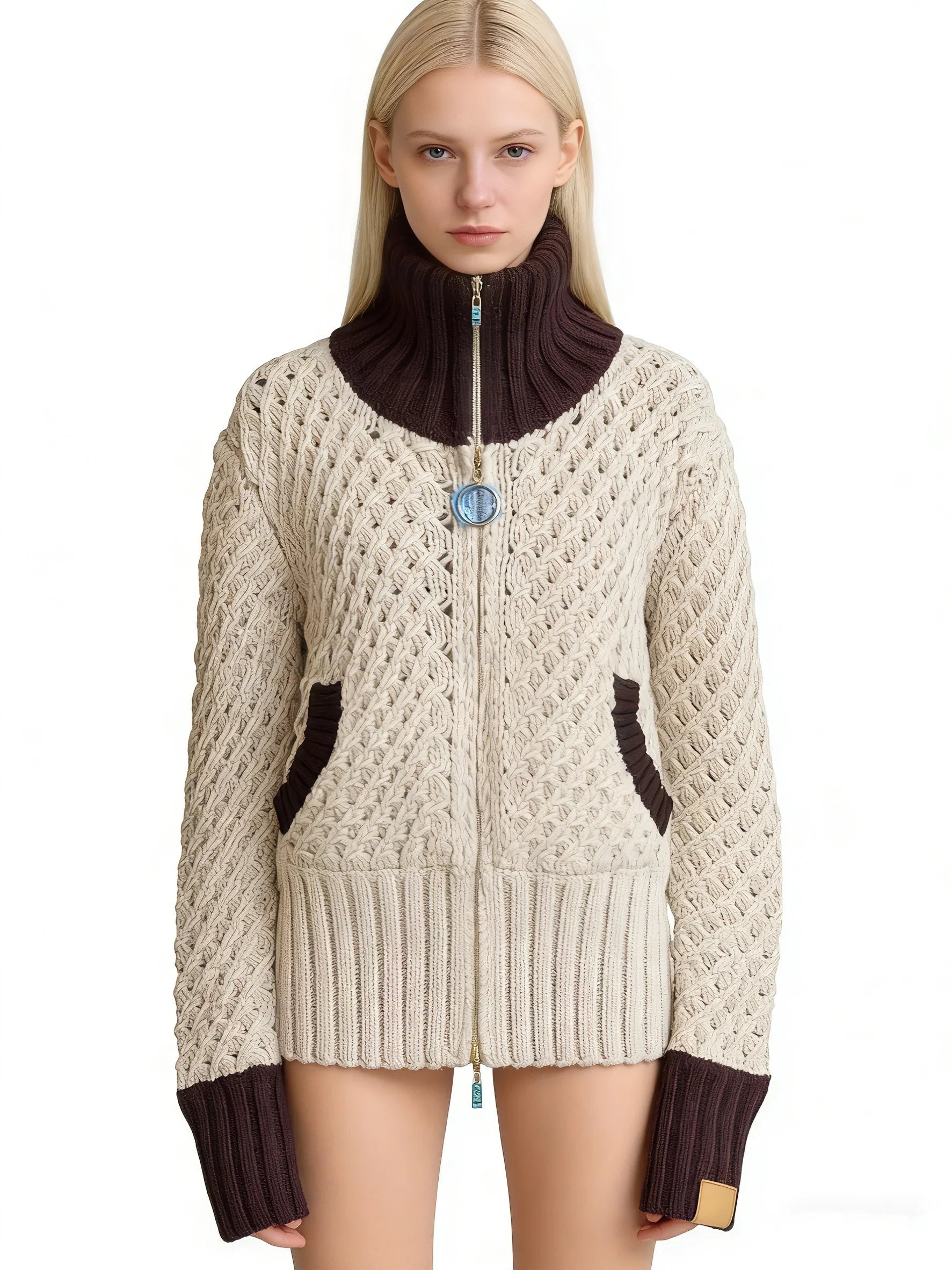 Wool Vintage Crochet Knit Cardigan for Women Zip Up Contrast Collar Cropped Long Sleeve Outerwear
