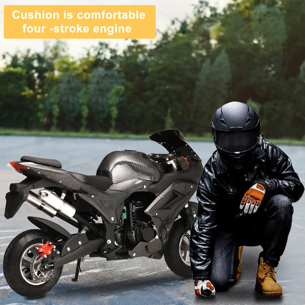 49cc 4-Stroke Mini Motorcycle Gas Pocket Motorbike Pocket Rocket Motorcycle with Front Rear Disc Brakes Racing Max Speed 25MPH
