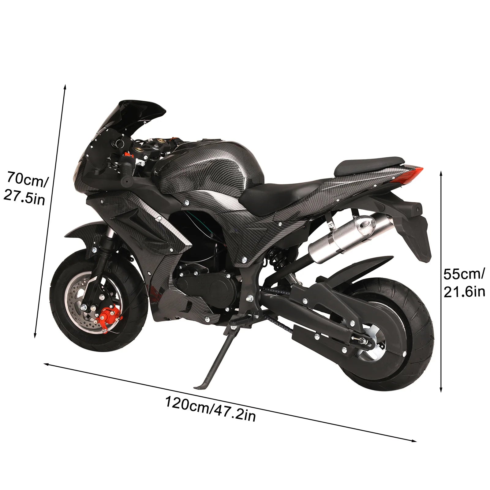 49cc 4-Stroke Mini Motorcycle Gas Pocket Motorbike Pocket Rocket Motorcycle with Front Rear Disc Brakes Racing Max Speed 25MPH
