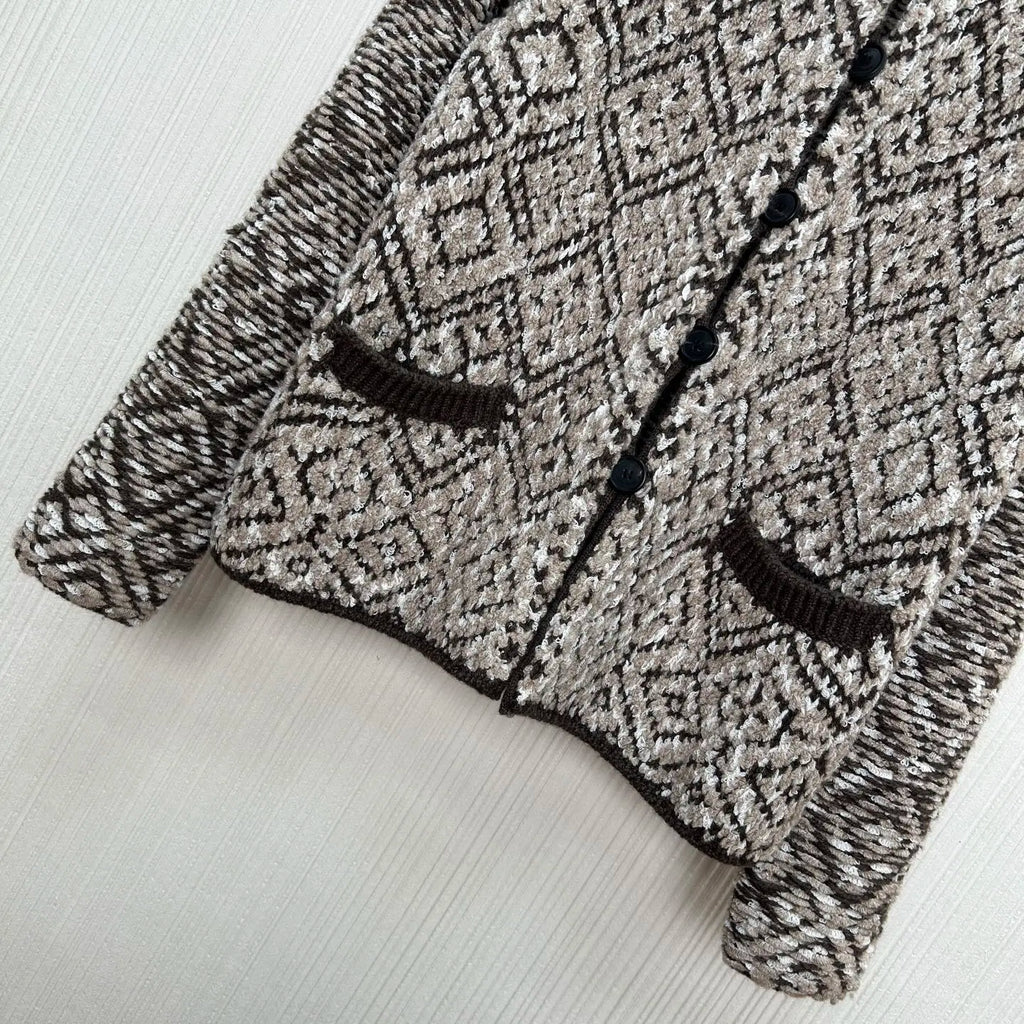 100% Cashmere Women's Luxury Marled Knit Cardigan Diamond Pattern Pocketed Loose Outerwear