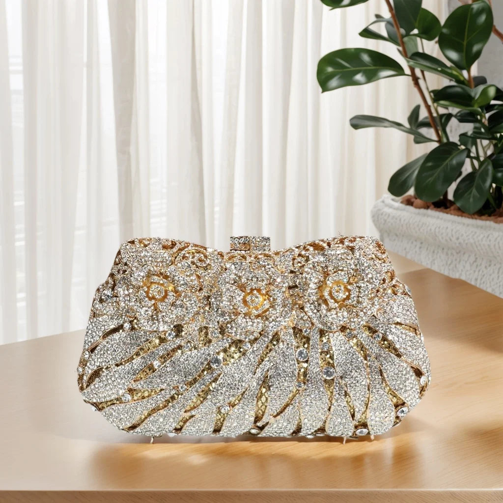 Vintage Women Flower Pattern Clutch Purse Dazzling Crystal Floral Evening Bag Bride Wedding Handbag for Banquet Dating