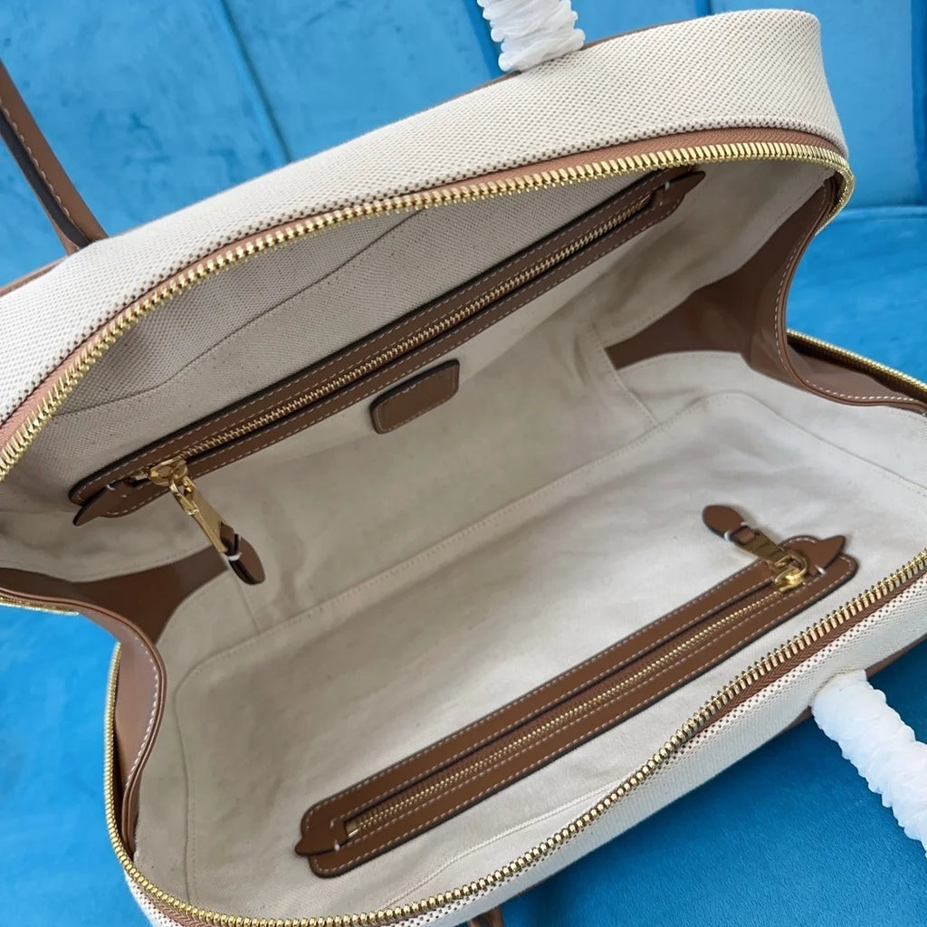 High-quality Rectangular Bags Women 2025 New Canvas Leather Briefcase Contrast Portable Bowling Handbag Large Capacity Handbag