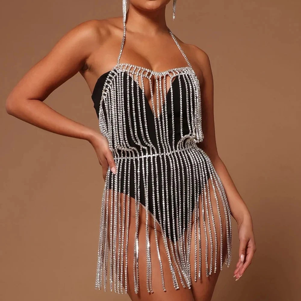 Stonefans Layered Chest Chain Accesorries Dress Necklace Designer Shoulder Top Jewellery Exaggerate Rhinestone Bra Bodysuit Gift