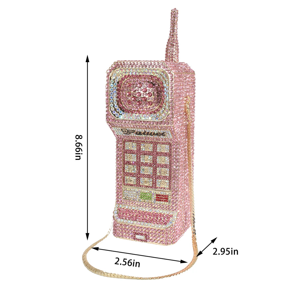 Women Novelty Cellphone Shaped Evening Bag Sparkling Rhinestone Crystal Clutch Purse Prom Party Handbag