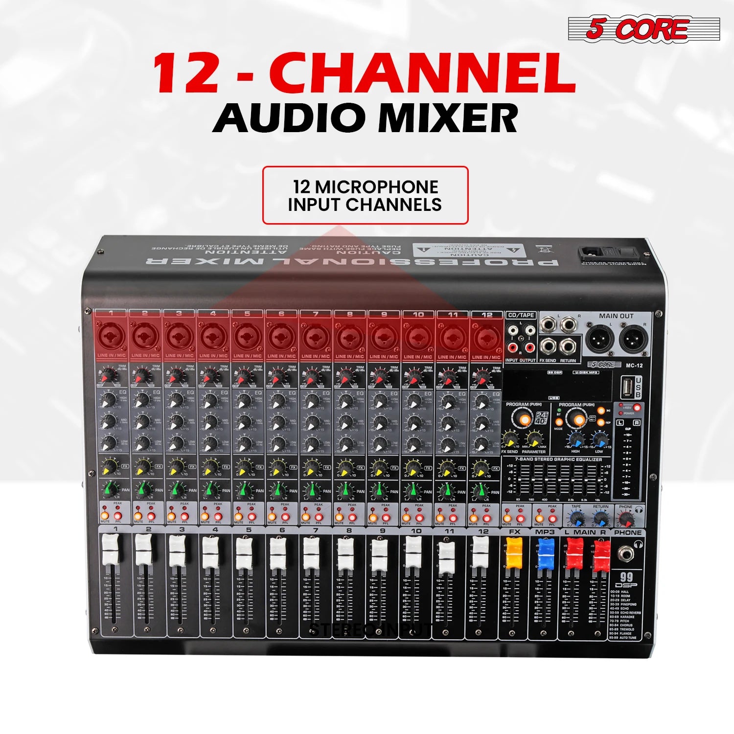 5 Core Audio Mixer 12 Channel DJ Soundboard USB Interface Bluetooth Mixing Console w 99 DSP Effect