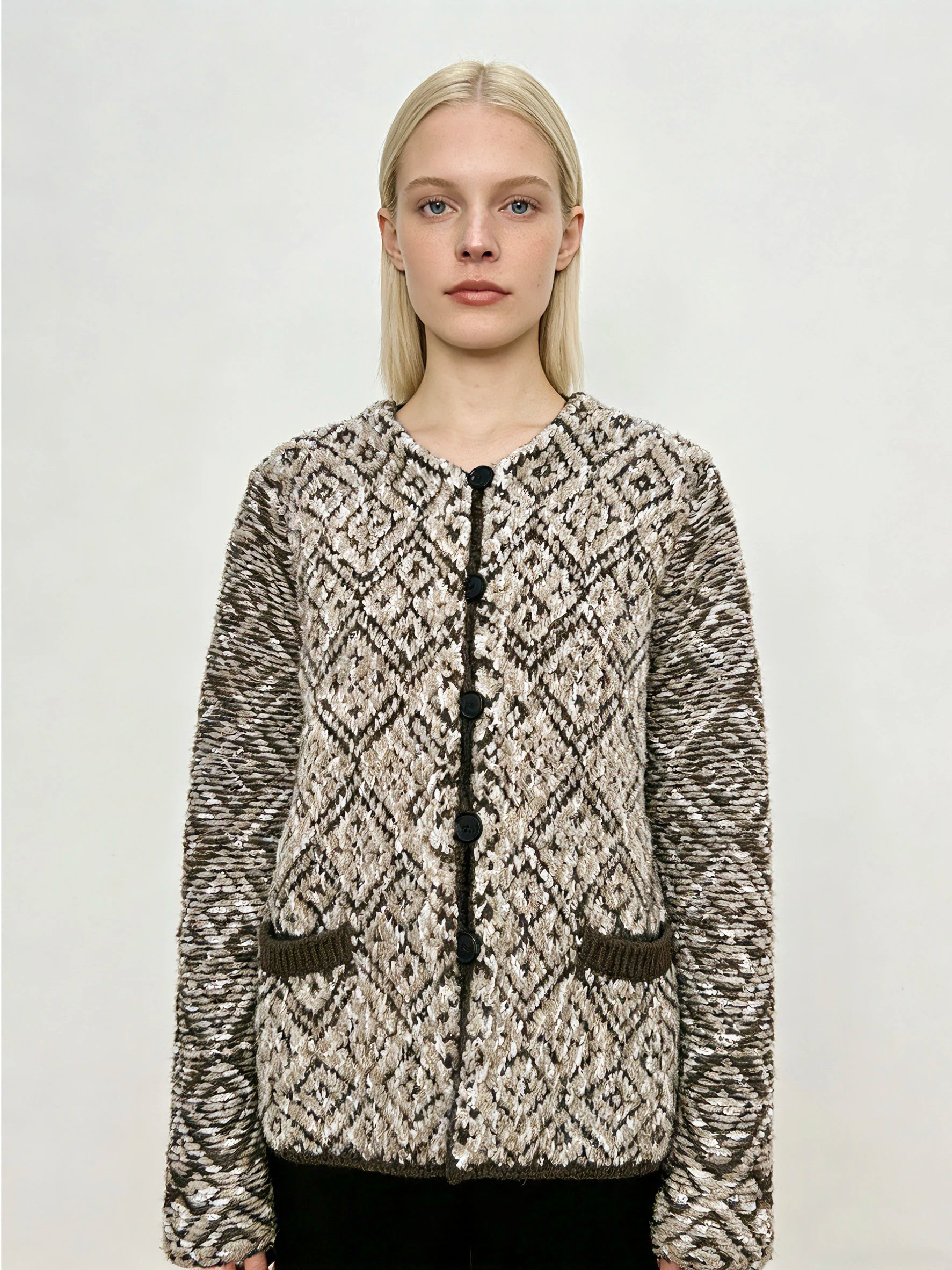 100% Cashmere Women's Luxury Marled Knit Cardigan Diamond Pattern Pocketed Loose Outerwear