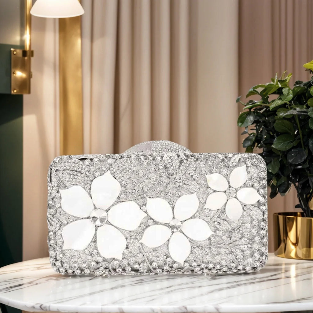 Women Elegant Floral Pattern Rhinestone Evening Bag Sparkling Flower Crystal Clutch Luxury Diamond Handbag for Prom Cocktail