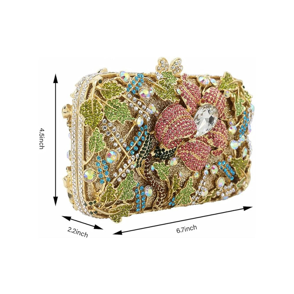 Women Trendy Flower Pattern Crystal Evening Bag Chic Crystal Clutch Floral Diamond Purse Handbag for Prom Party