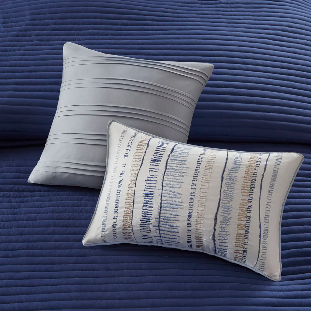 8 Piece Printed Seersucker Comforter and Quilt Set Collection Blue Full/Queen (Blue + Polyester + Full)"