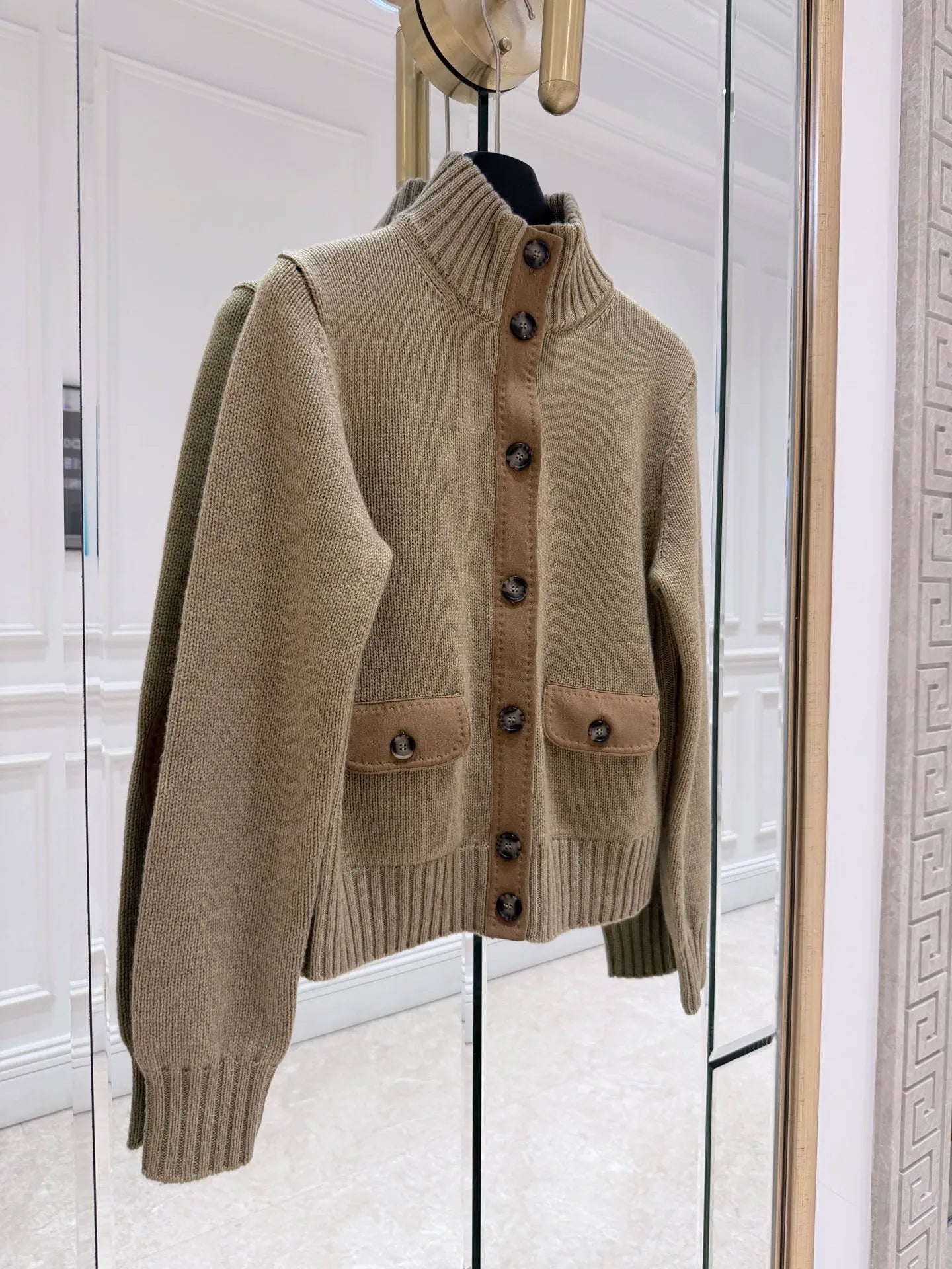 100% Cashmere Vintage Khaki Knitted Cardigan Women Stand Collar Button Patch Pocket Short Sweater Coat