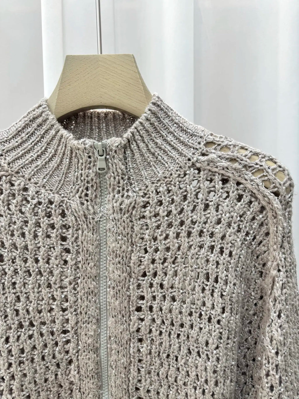 Women's Silk Linen Blend Grey Hollow Out Knit Cardigan Zip Up Mock Neck Long Sleeve Sweater