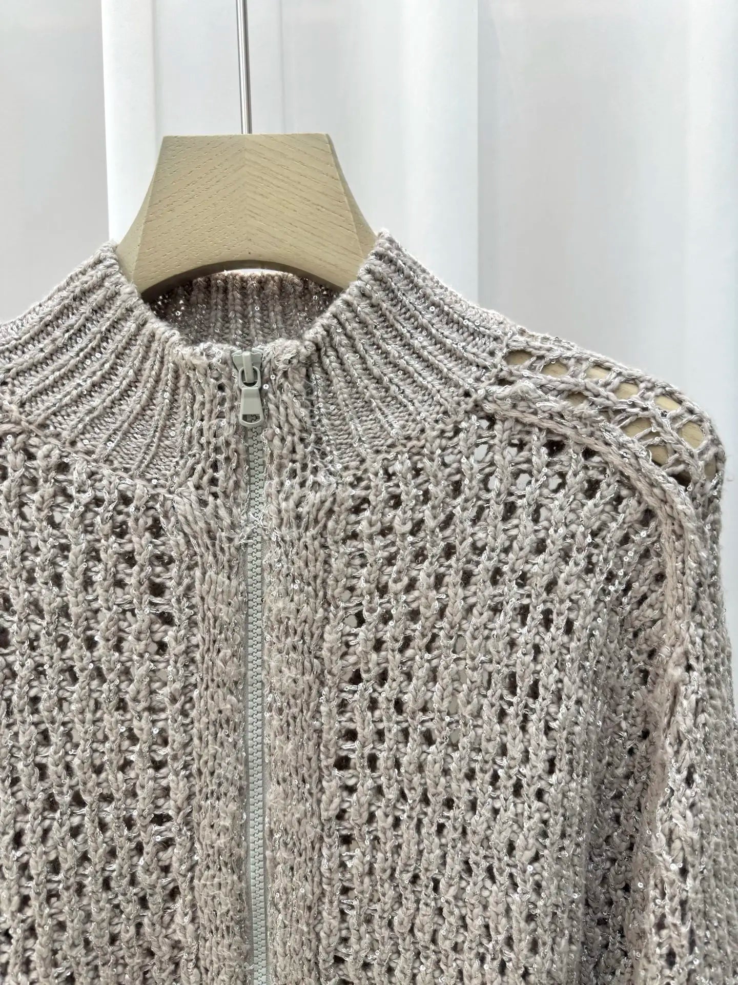 Women's Silk Linen Blend Grey Hollow Out Knit Cardigan Zip Up Mock Neck Long Sleeve Sweater