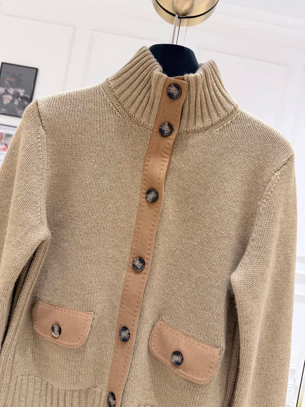 100% Cashmere Vintage Khaki Knitted Cardigan Women Stand Collar Button Patch Pocket Short Sweater Coat