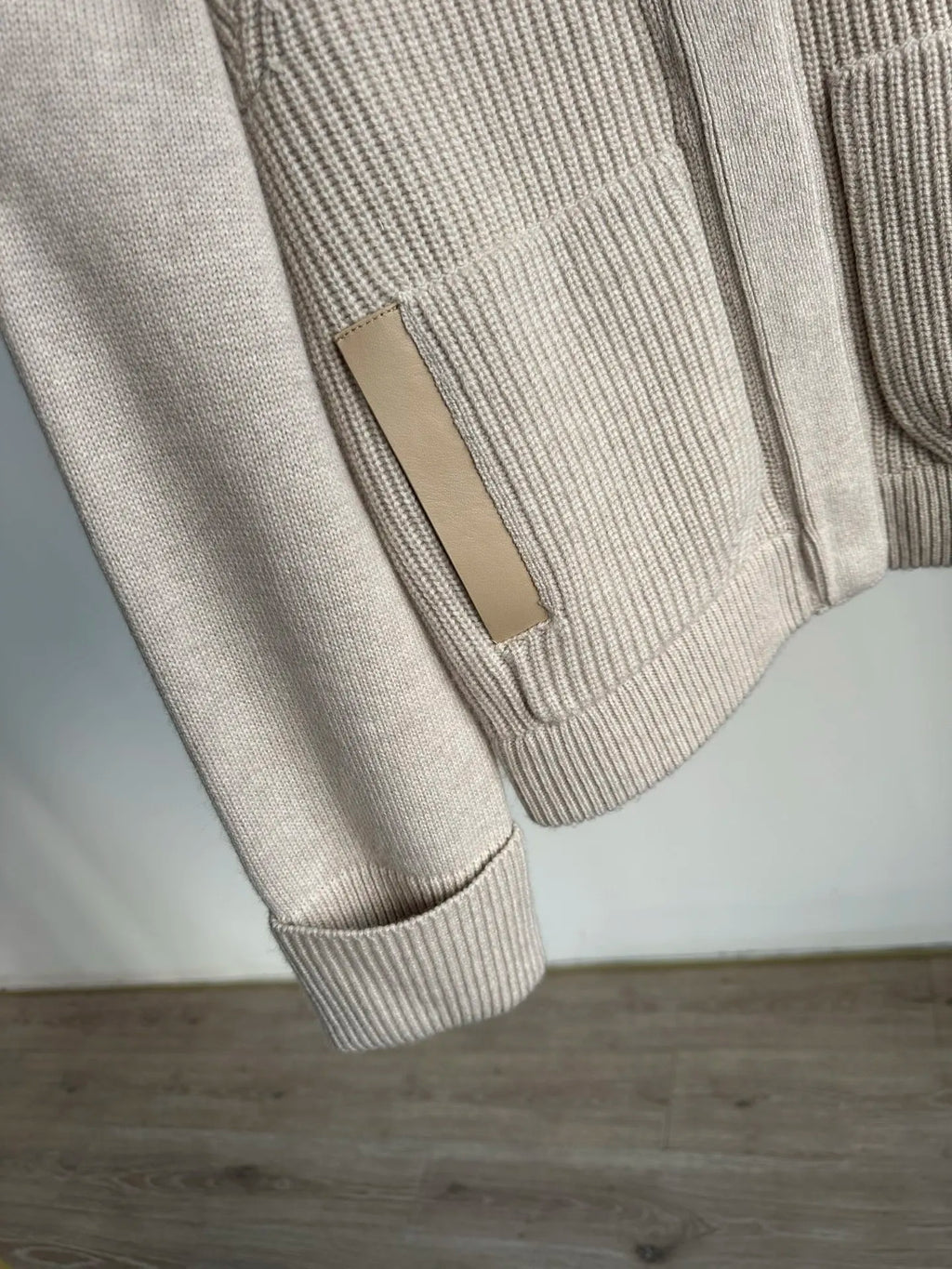 100% Cashmere Beige Mink Fur Collar Knit Cardigan Women Loose Patch Pocket Knitted Sweater Coat