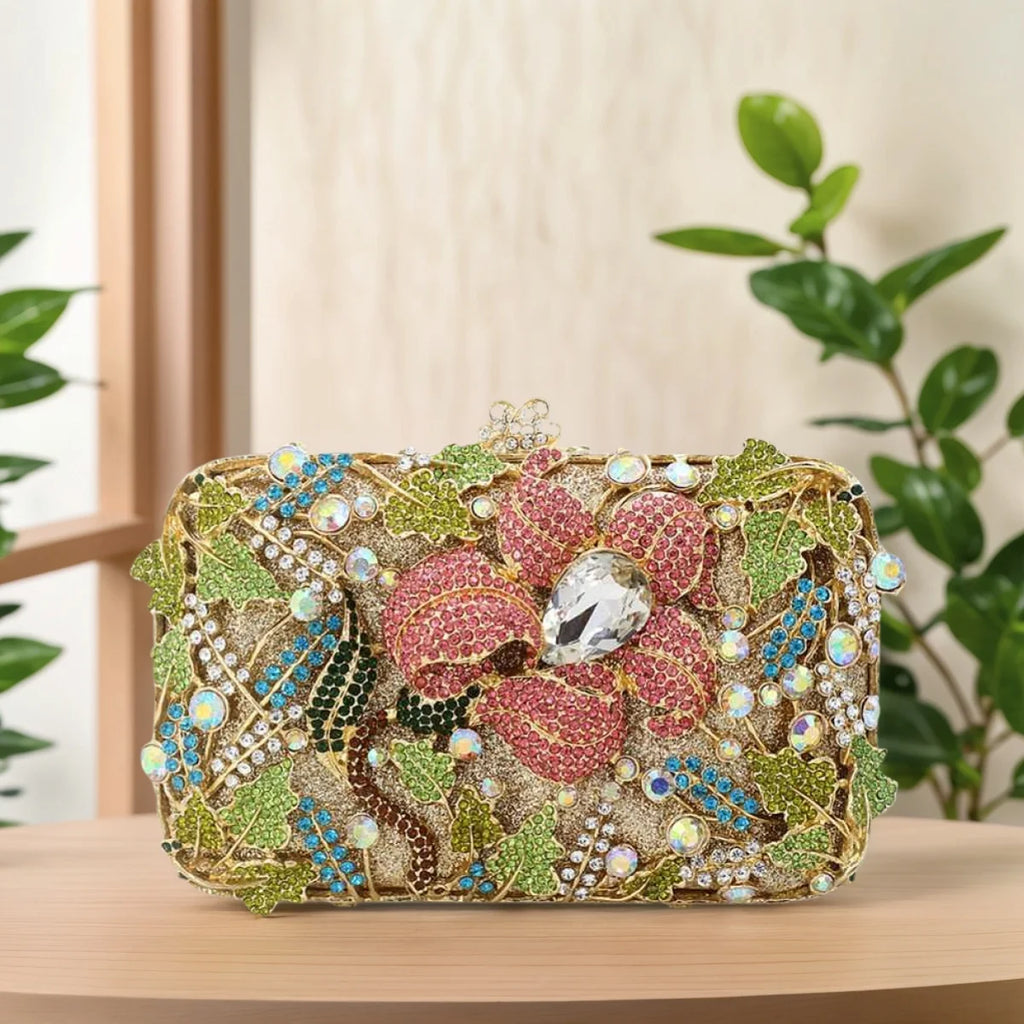 Women Trendy Flower Pattern Crystal Evening Bag Chic Crystal Clutch Floral Diamond Purse Handbag for Prom Party