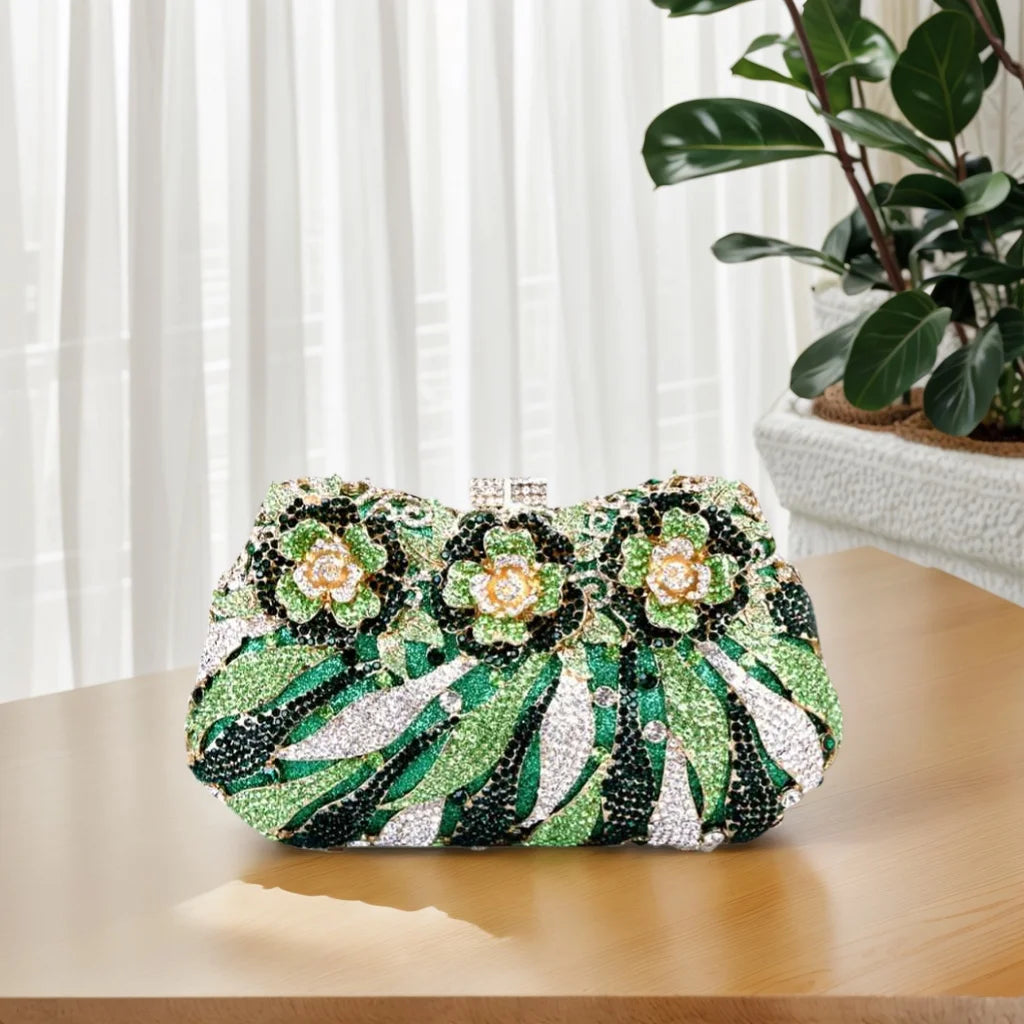 Vintage Women Flower Pattern Clutch Purse Dazzling Crystal Floral Evening Bag Bride Wedding Handbag for Banquet Dating