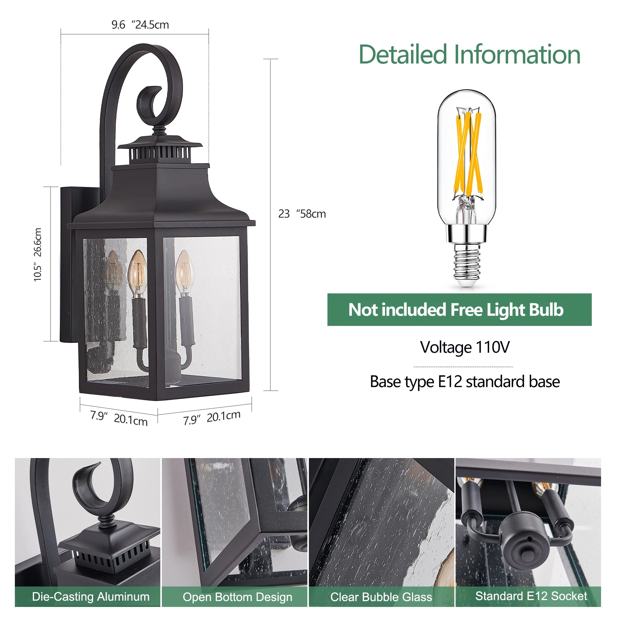 23” (H) Outdoor Wall Lantern Waterproof Light Fixture Vintage Black Aluminum with Clear Glass for Porch, Patio, or Garden