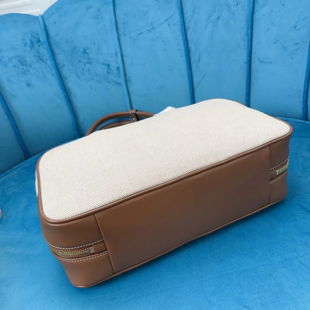 High-quality Rectangular Bags Women 2025 New Canvas Leather Briefcase Contrast Portable Bowling Handbag Large Capacity Handbag