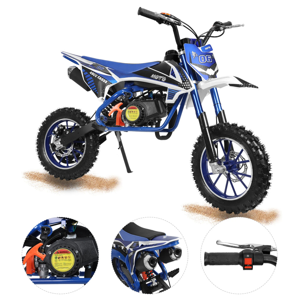 49cc 2-Stroke Children Pocket Motorbike with Front Rear Disc Kids Dirt Bike Beach Off Road Mini Motorcycle Gas Power Motocross