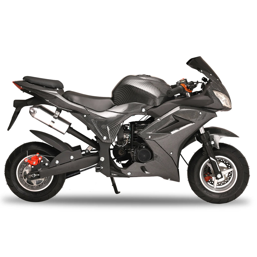 49cc 4-Stroke Mini Motorcycle Gas Pocket Motorbike Pocket Rocket Motorcycle with Front Rear Disc Brakes Racing Max Speed 25MPH