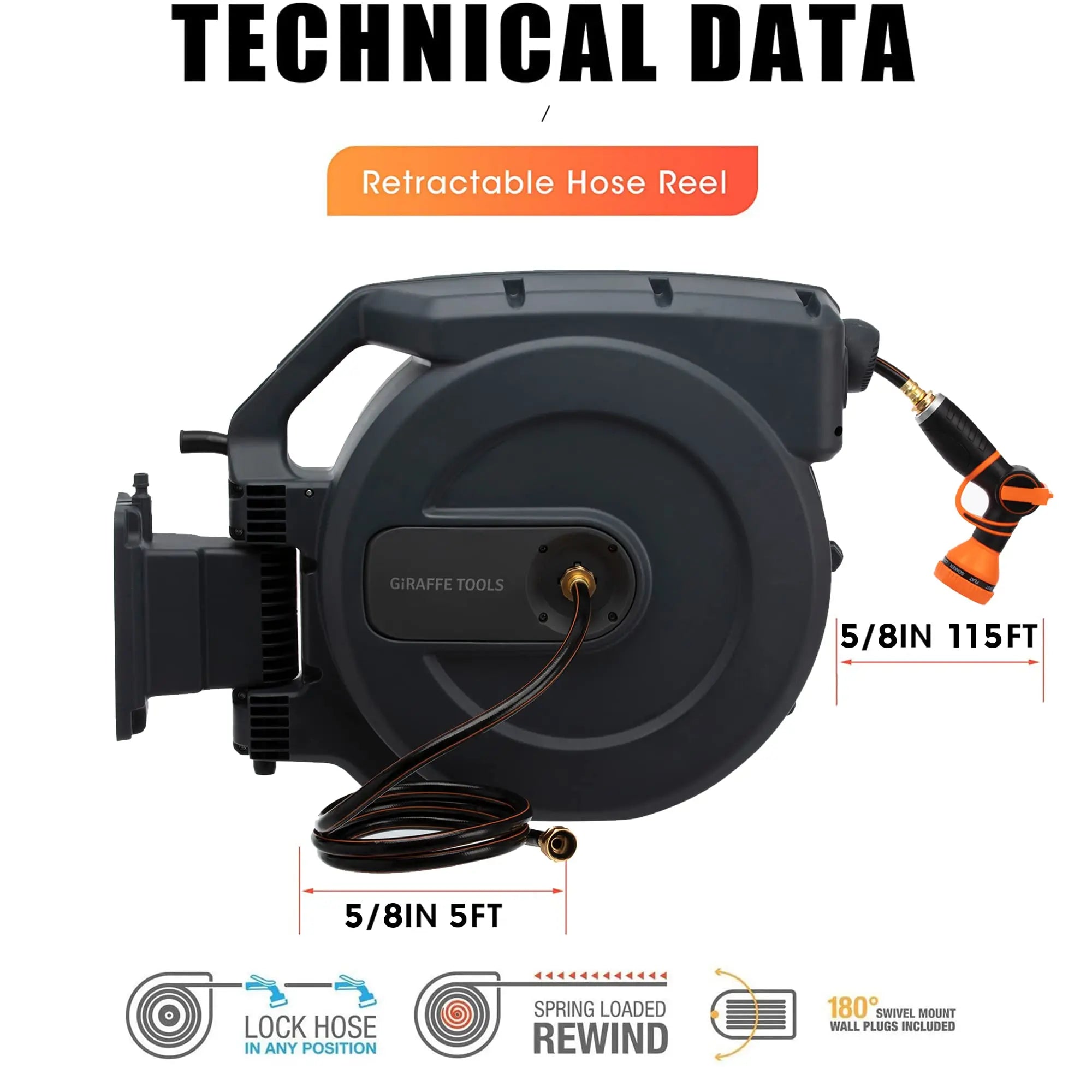 Giraffe Tools AW505/8 Retractable Garden Hose Reel 5/8" x 115+5 ft, Heavy Duty Wall Mounted Water Hose Reel Automatic Rewind