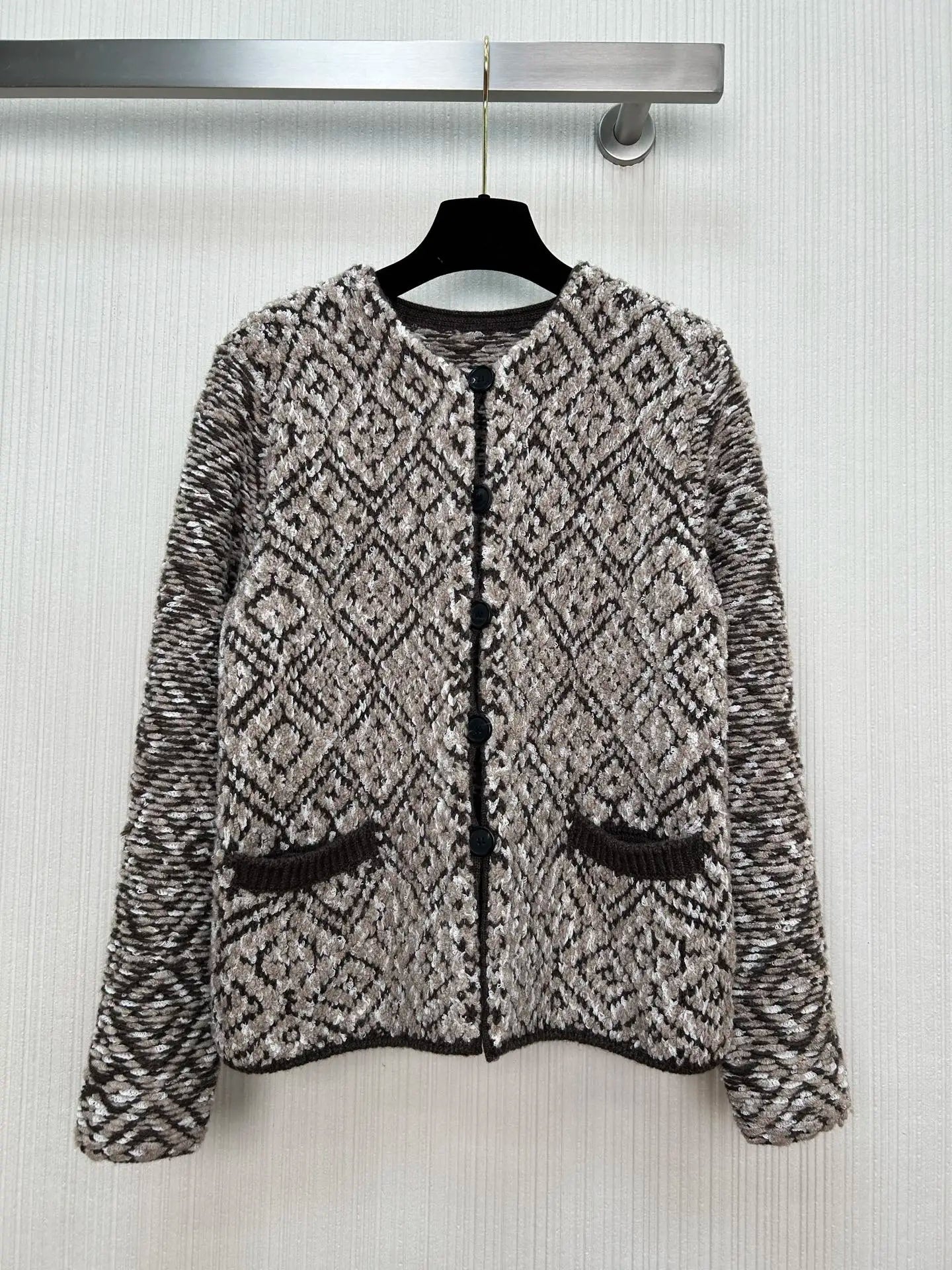 100% Cashmere Women's Luxury Marled Knit Cardigan Diamond Pattern Pocketed Loose Outerwear