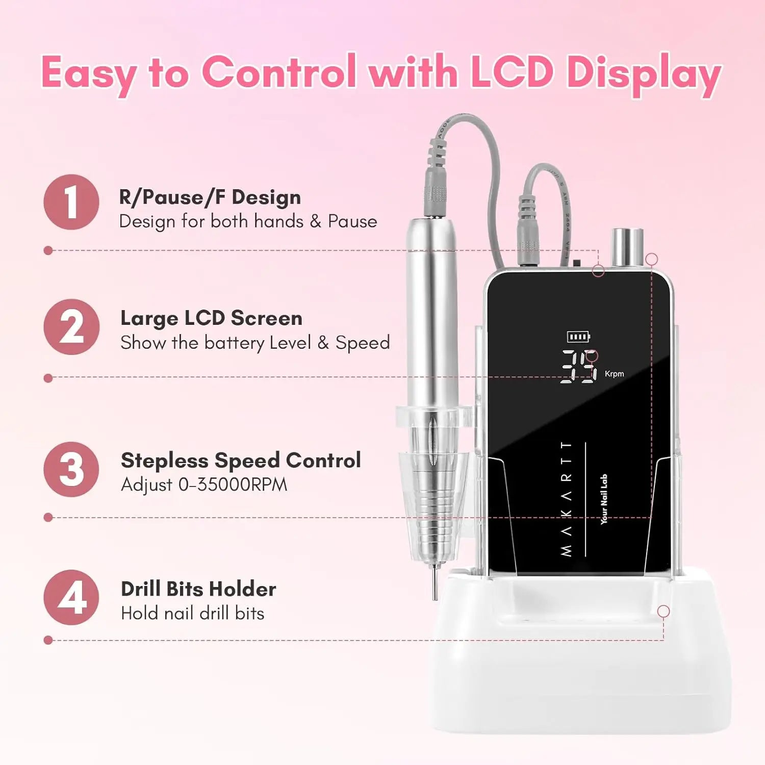 Electric Nail Drill File Machine Professional for Acrylic Gel Dip Powder Nails Poly Nail Extention Gel Manicure Pedicure Tool