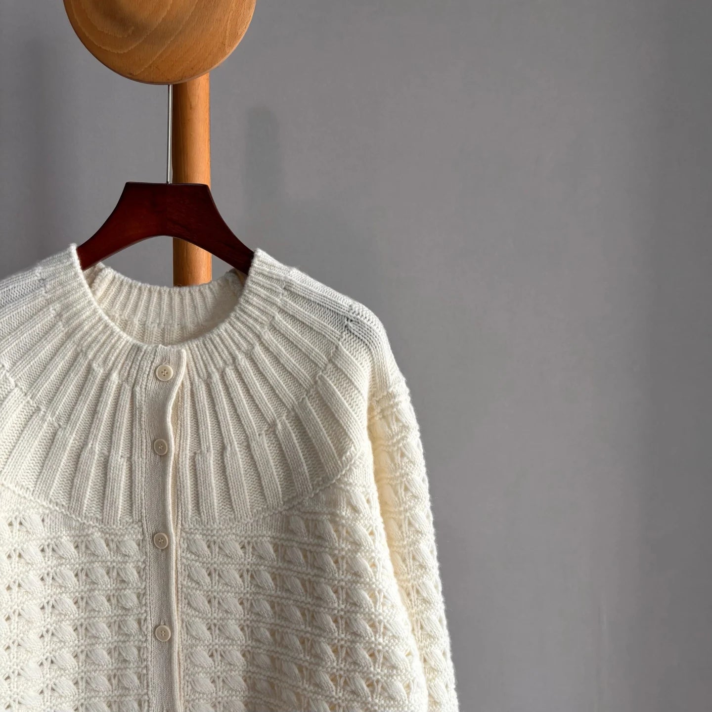 Women's Cashmere White Hollow Out Knit Cardigan Loose Fit Lantern Sleeve Casual Sweater