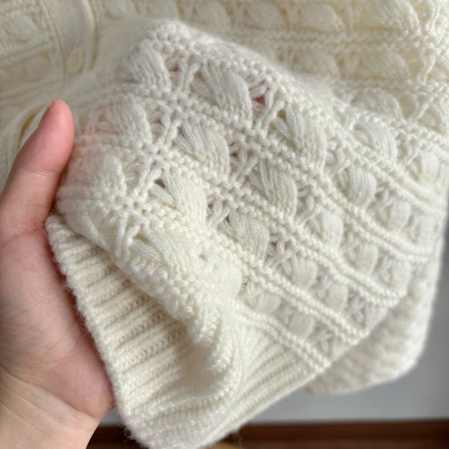 Women's Cashmere White Hollow Out Knit Cardigan Loose Fit Lantern Sleeve Casual Sweater