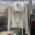 Women's Elegant Faux Fur Collar Zip Up Cardigan Beige Ribbed Knit Short Wool Sweater Outerwear